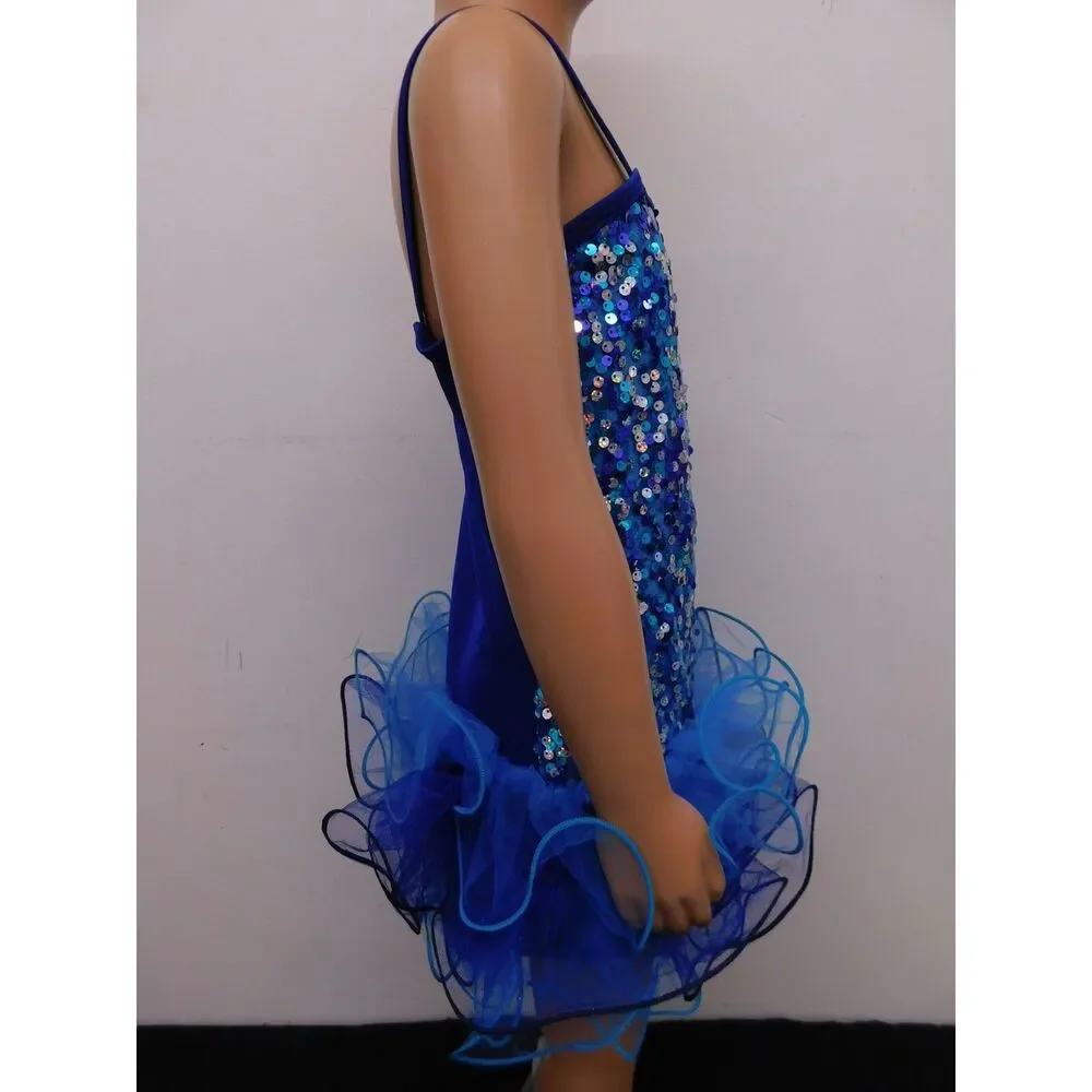 Pre-Owned Dance Costume Curtain Call E1062 XL Child Blue Jazz Sequin